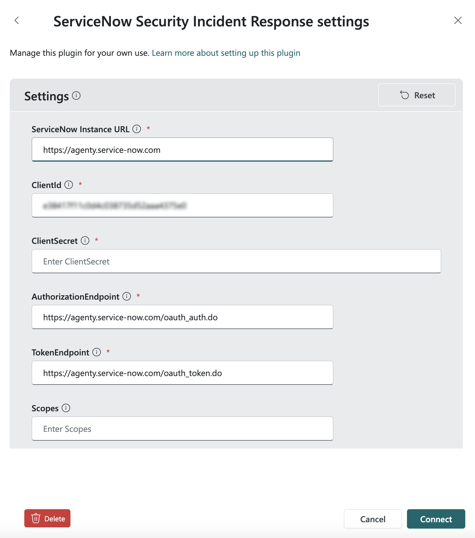 Screenshot ServiceNowSir setup.