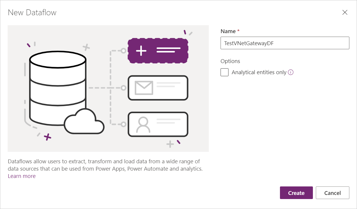 Screenshot showing the New Dataflow dialog in Power Apps, with the name of the new dataflow entered in the Name text box.