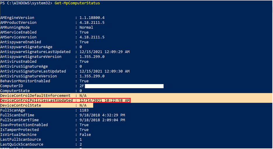 Screenshot showing device control status in PowerShell.