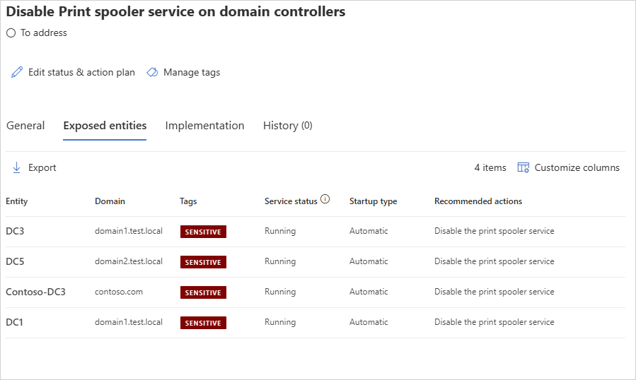 Screenshot that shows a list of exposed entitities that are running a print spooler service.