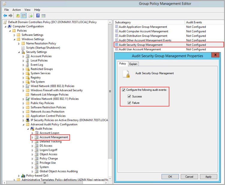 Screenshot of the audit security group management properties log.