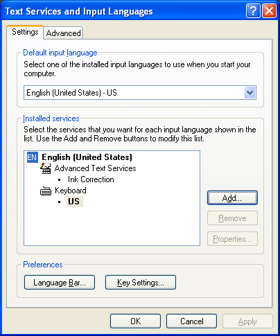 Text services and input languages dialog. Text services and input languages dialog.