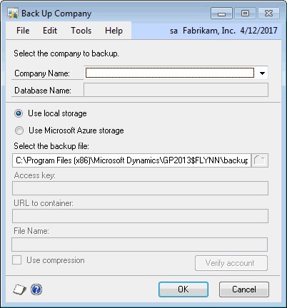 Screenshot of the Back Up Company window.