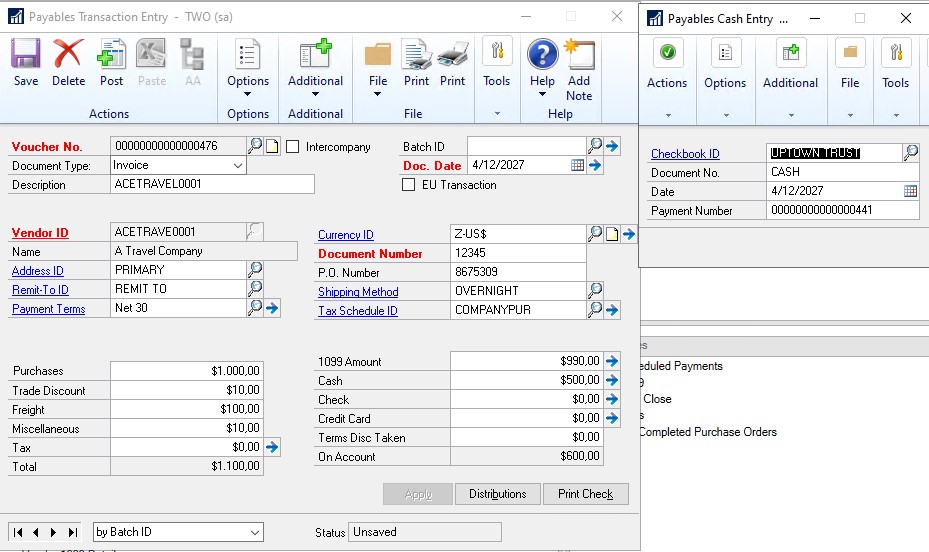 Payables Transaction Entry forms showing data copied from Excel