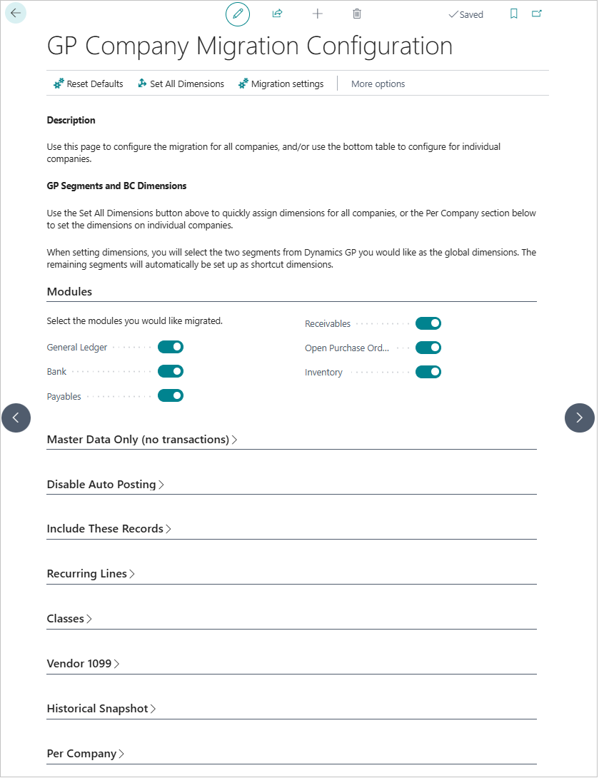Shows GP company migration configuration page