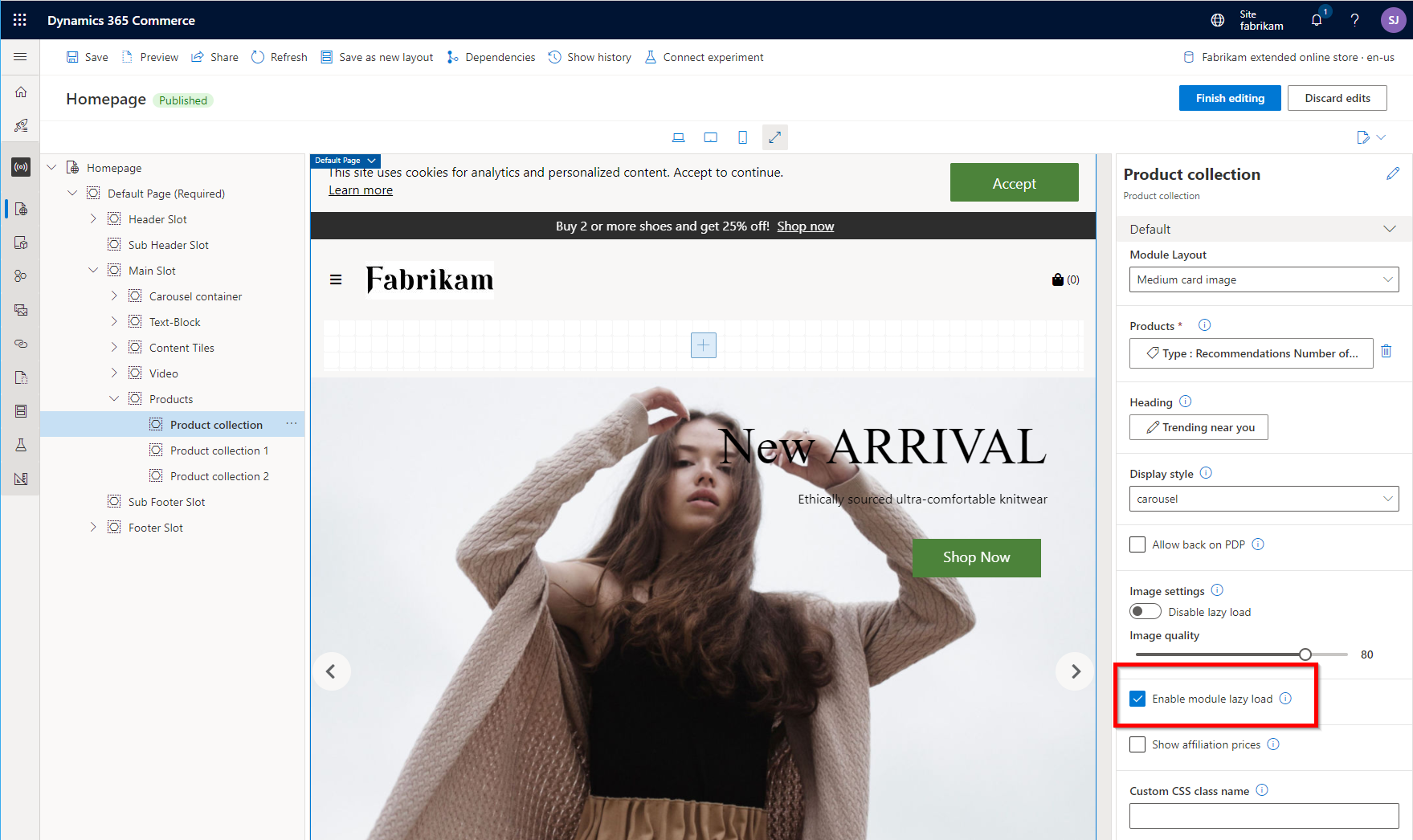 Screenshot of Enable module lazy load property in Commerce site builder.