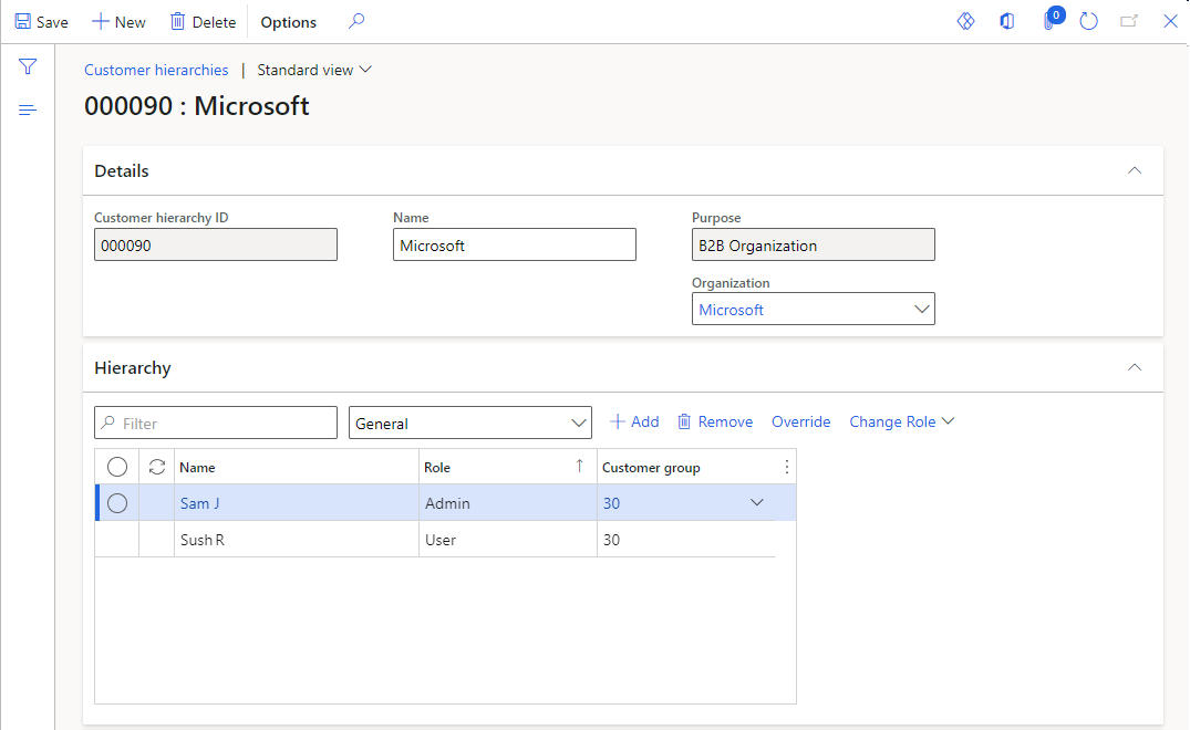 Screenshot of a customer hierarchy record example showing the organization name and assigned user roles.