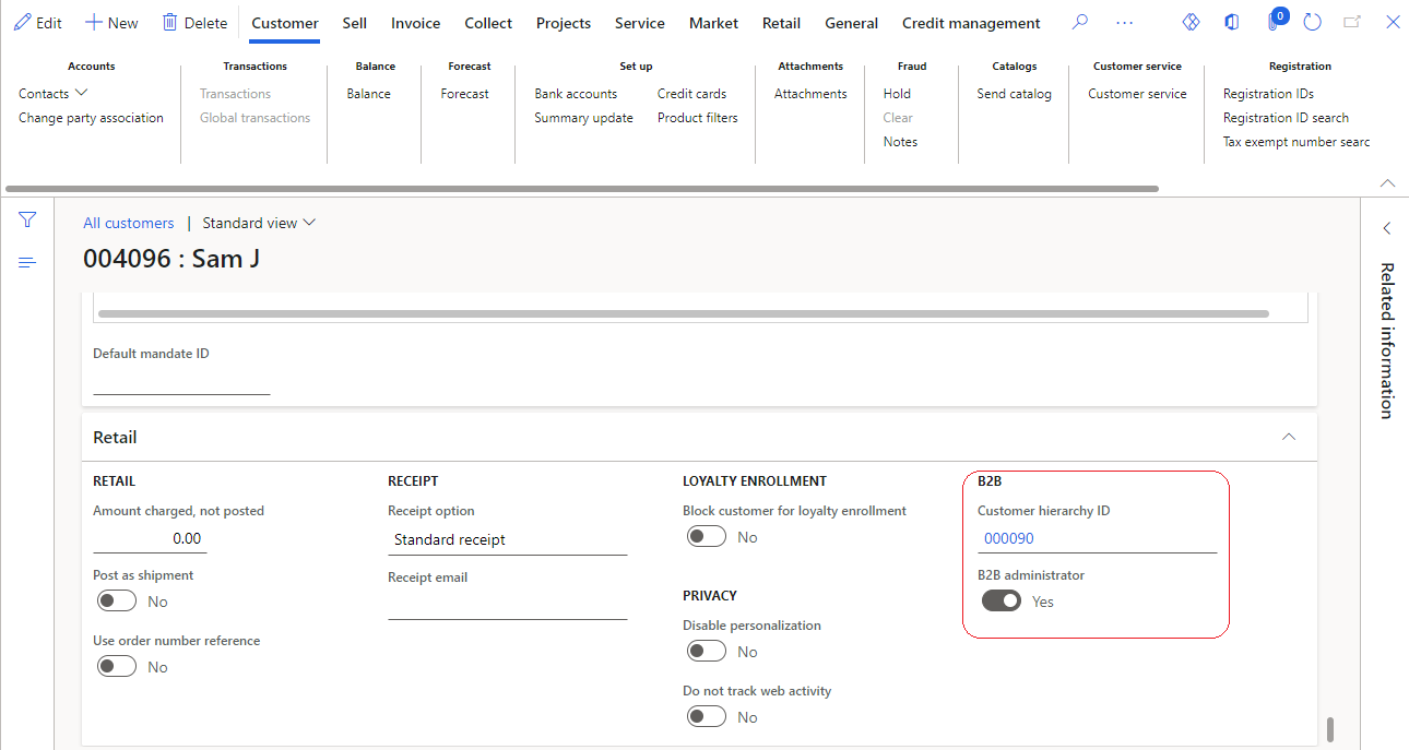 Screenshot of the B2B section on the Retail FastTab of a customer record showing the customer hierarchy association and administrator status.