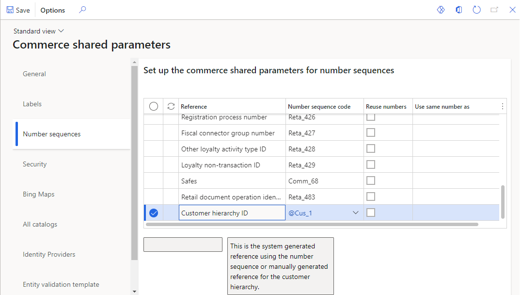 Screenshot of the Commerce shared parameters page showing a number sequence added to the Customer hierarchy ID reference.