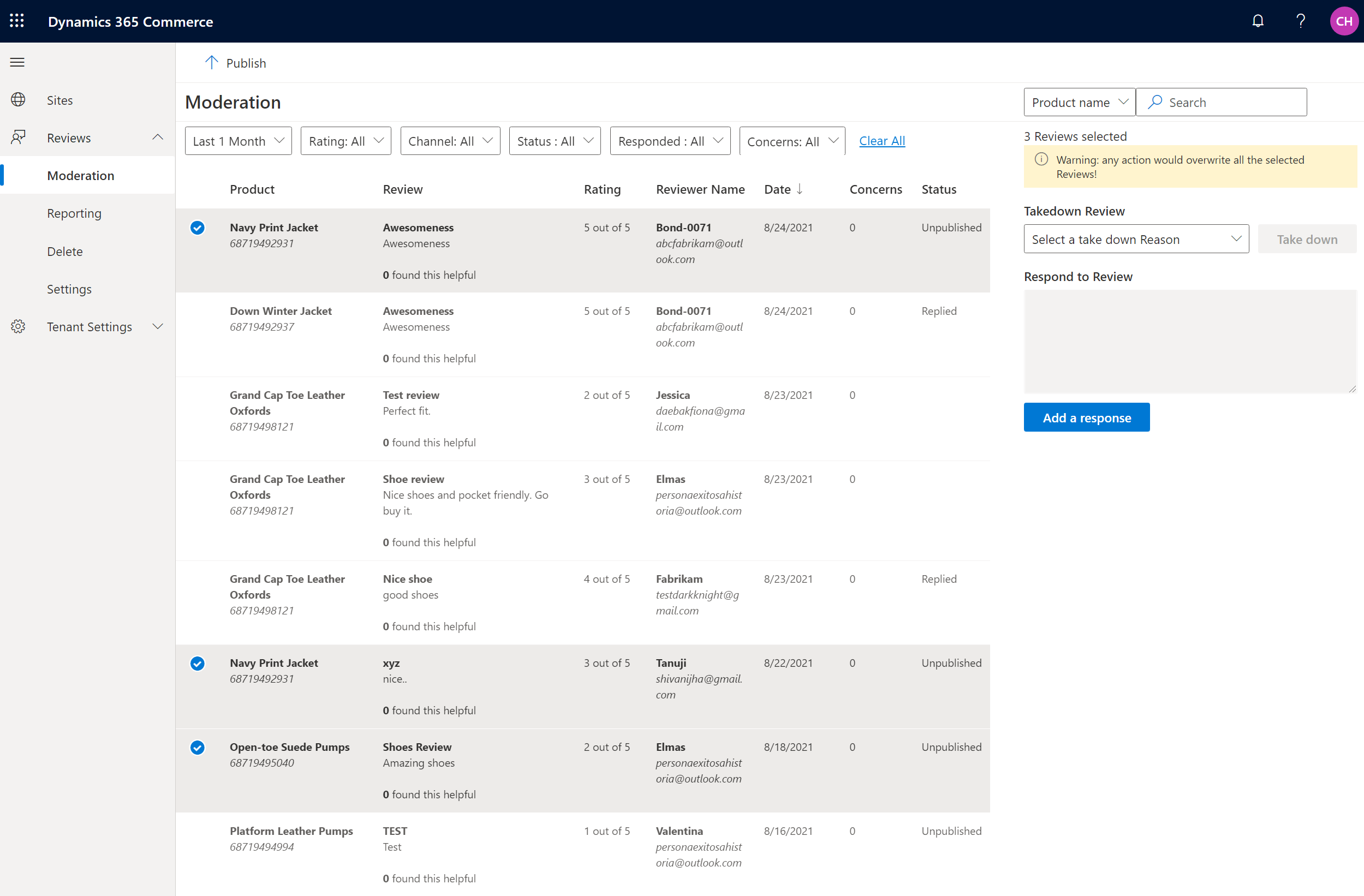 Screenshot of three unpublished ratings and reviews selected on the Moderation page in Commerce site builder.