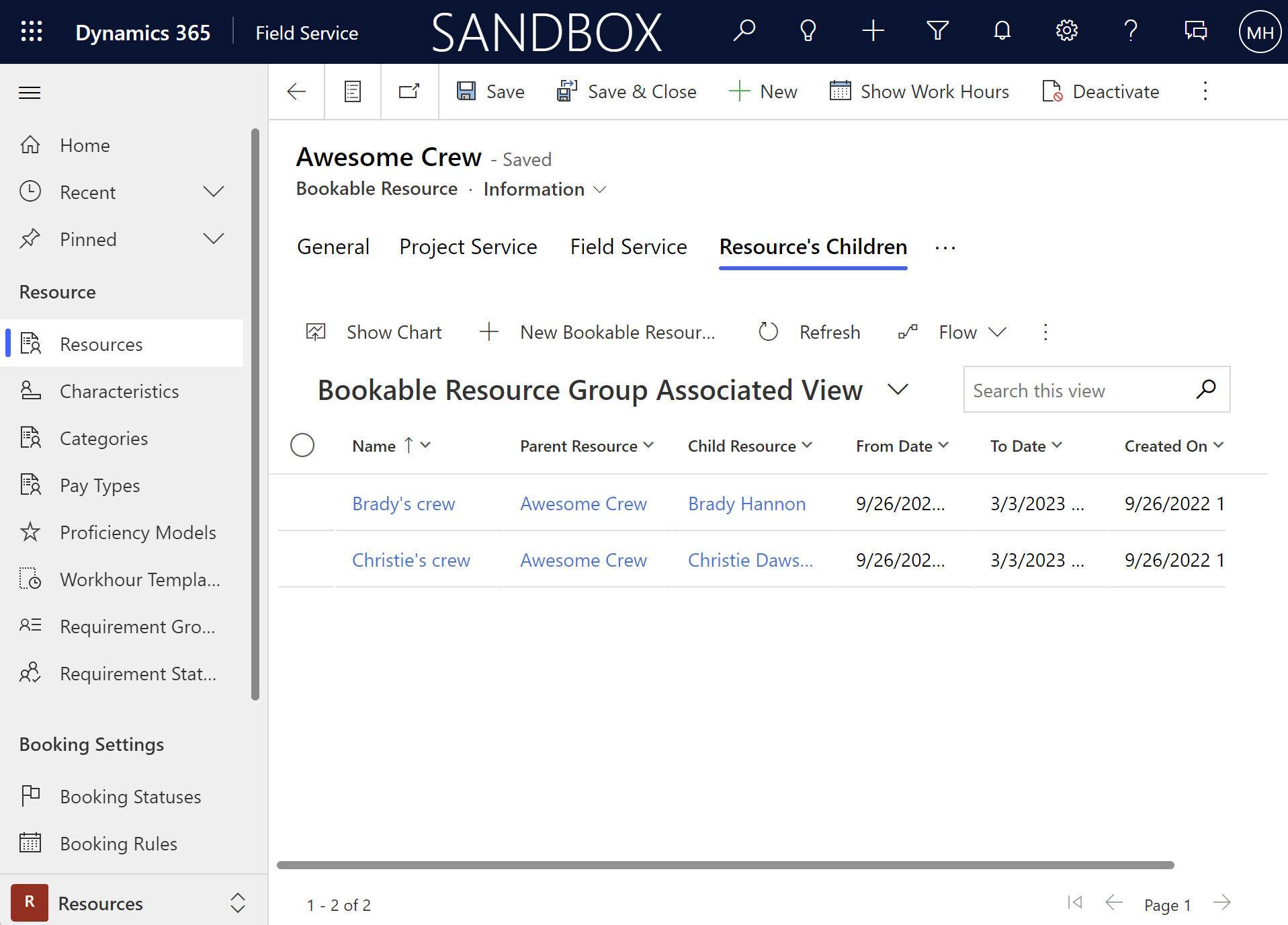 Screenshot of child resources of a resource crew.