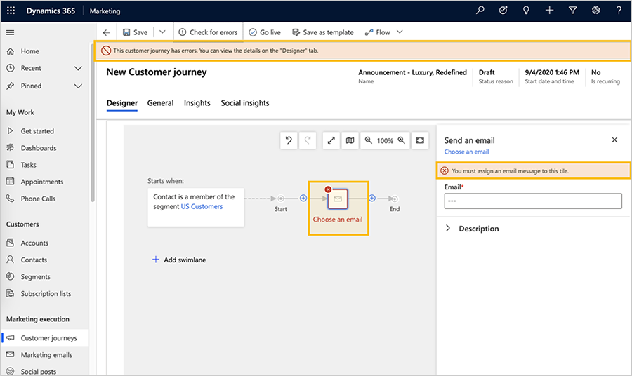 Customer journey error notification.