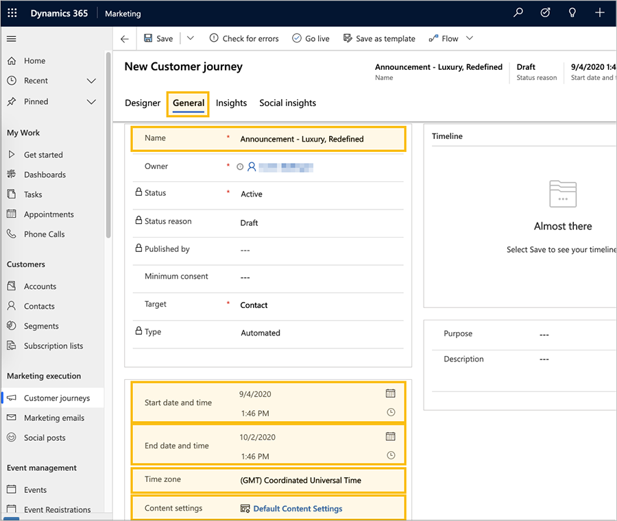 Customer journey General tab.