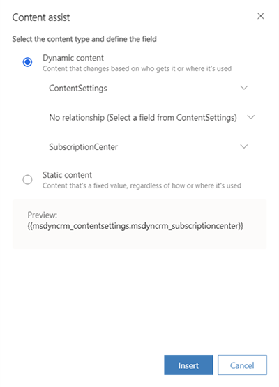 The email content assist dialog box.