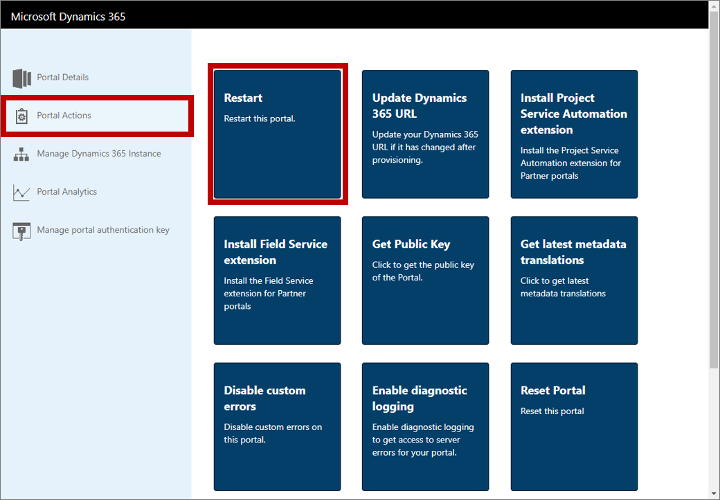 Open portal actions and then select restart