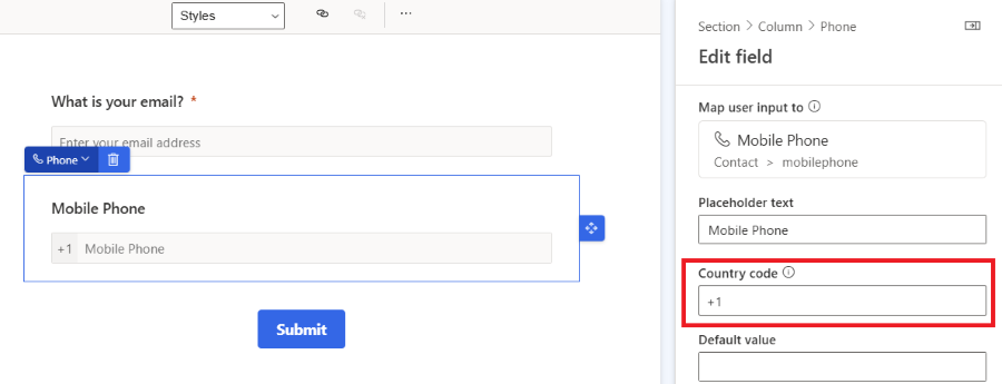 Set the country code for phone number