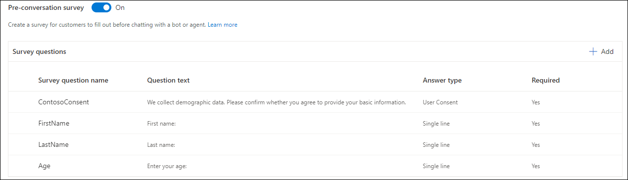 Screenshot of the preconversation survey questions that you can configure.