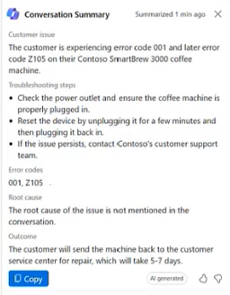 Screenshot of a structured Copilot conversation summary.