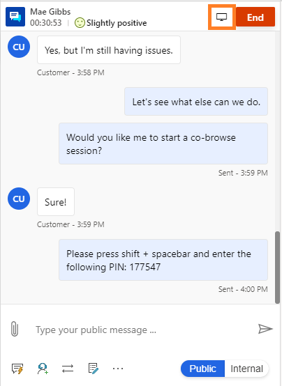 Agent requests a co-browse session during live chat.