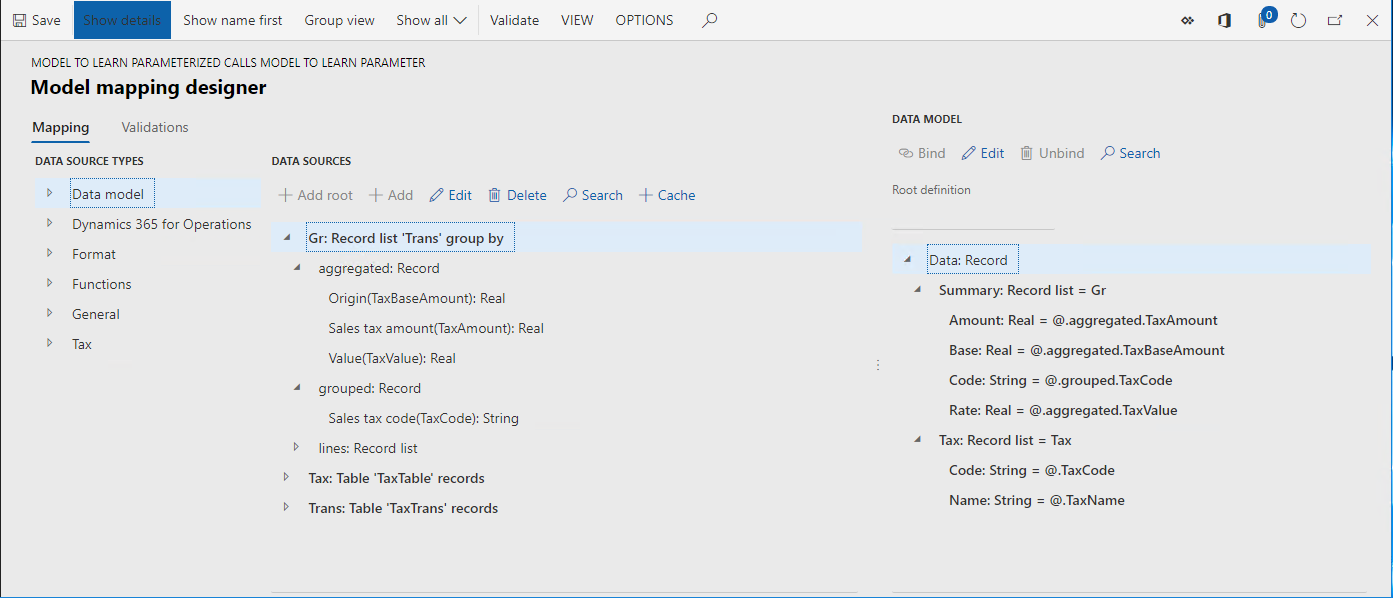 Model mapping designer page showing Tax and Gr data sources.