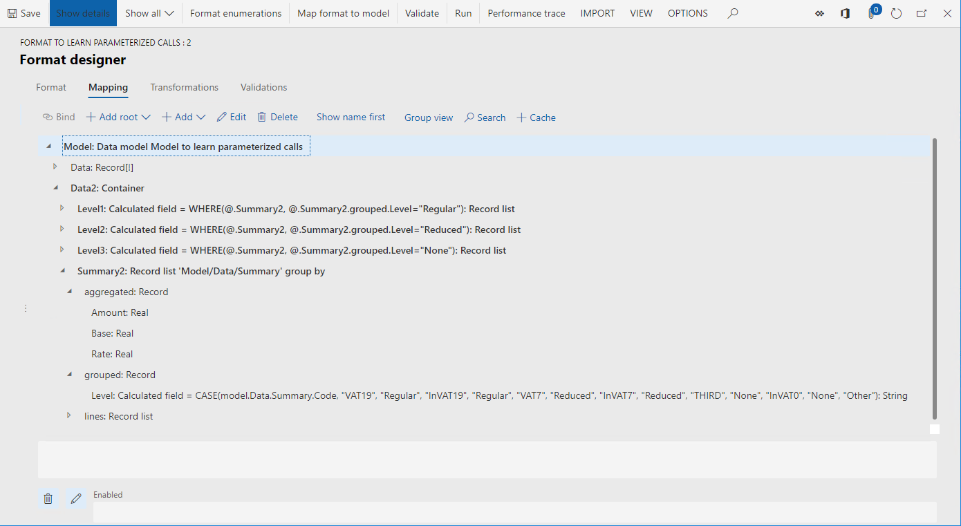 Format designer page showing details of the Model.Data2.Summary2 data source.