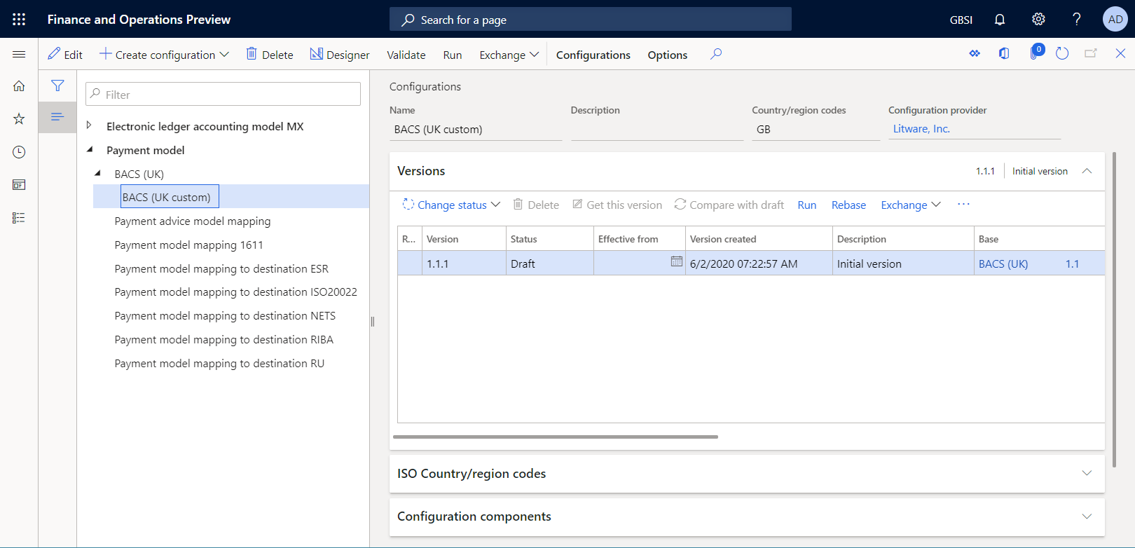 Configurations page with Version 1.1.1 of the BACS (UK custom) ER format configuration.