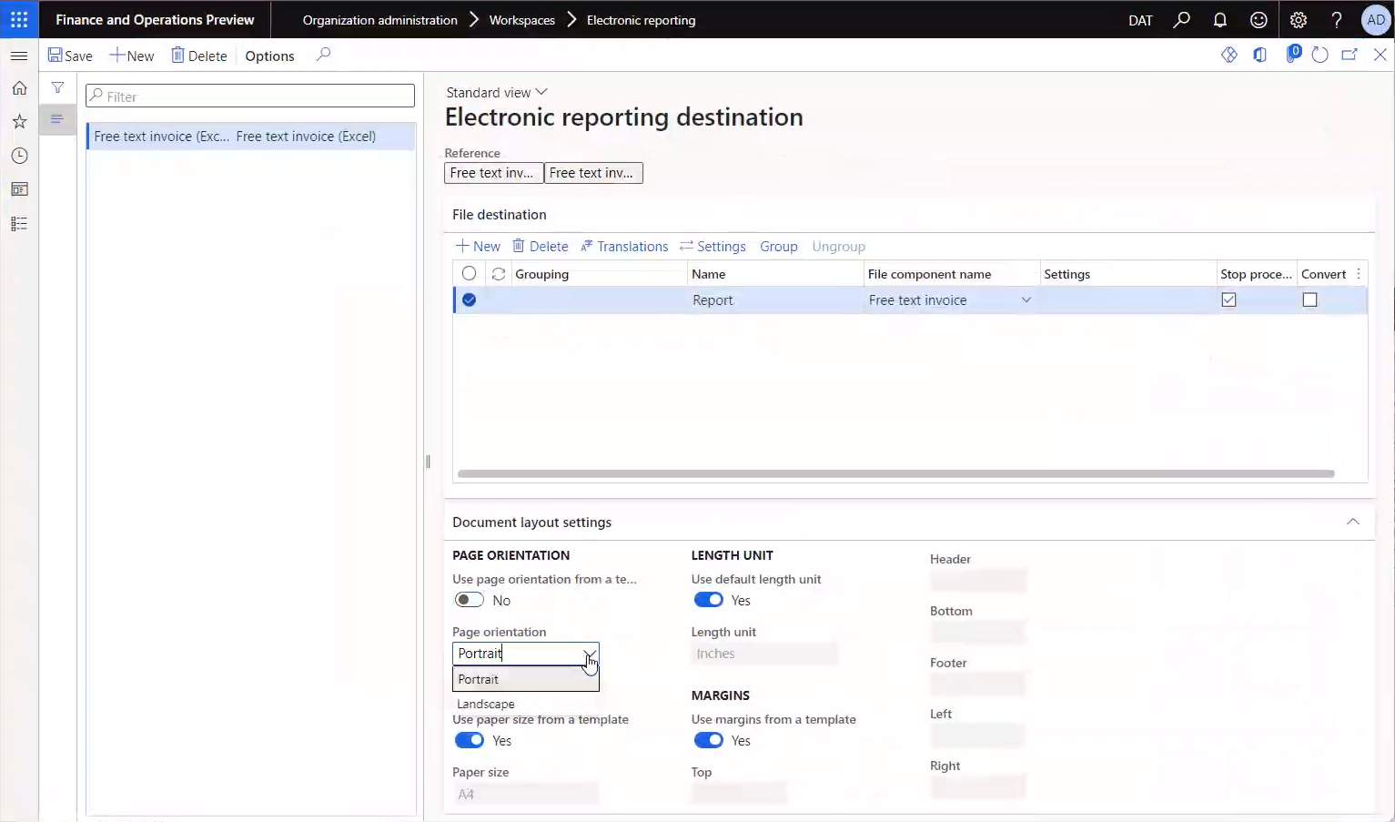 Set up page layout properties on the Electronic reporting destination page.