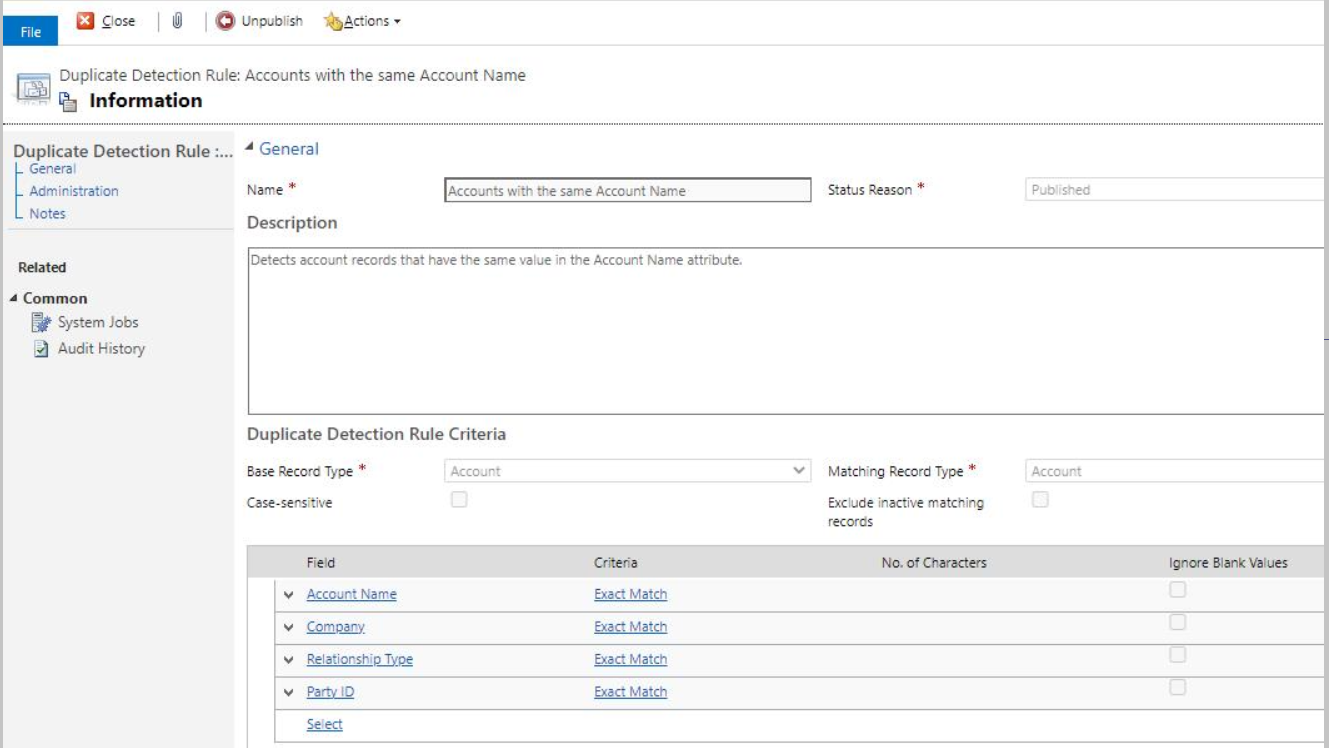 Screenshot of duplicate rule for Accounts.