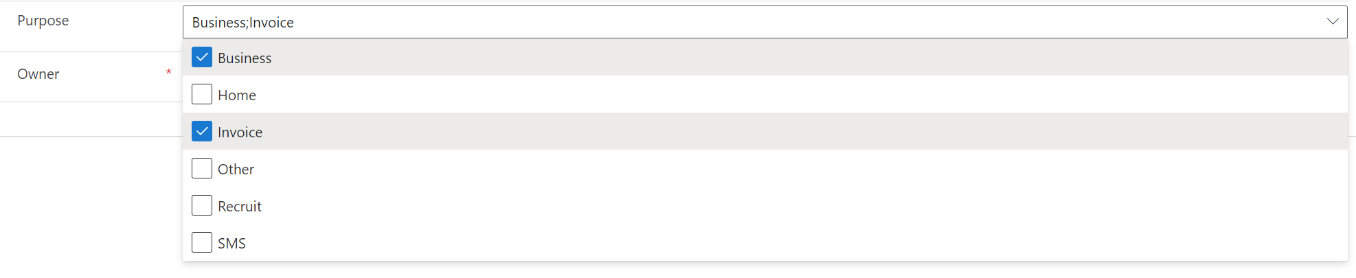 Screenshot of Purpose/Role drop-down list.