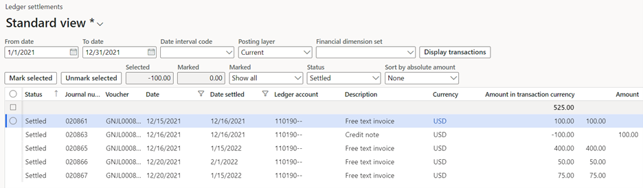 Screenshot of ledger transactions settled across fiscal years 2021 and 2022 with a total balance.