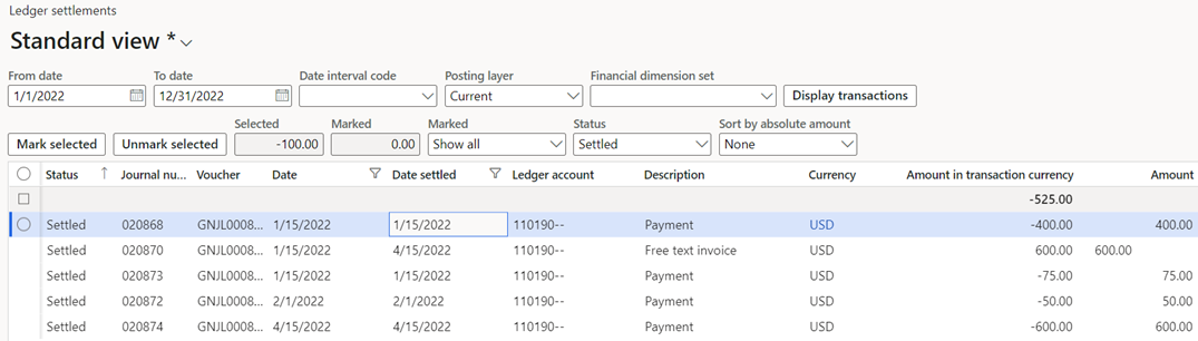 Screenshot of ledger transaction total amounts grouped by status.