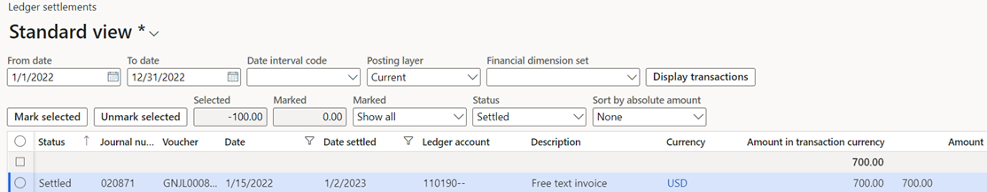 Screenshot of ledger transactions for settlement dates in 2022 and 2023.