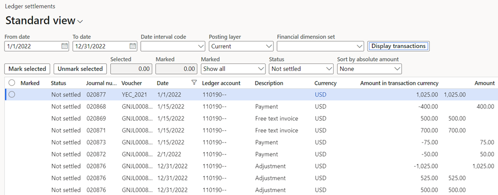 Screenshot of unsettled transactions on the Ledger settlement page.