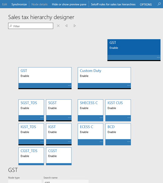 Screenshot of the Sales tax hierarchy designer.