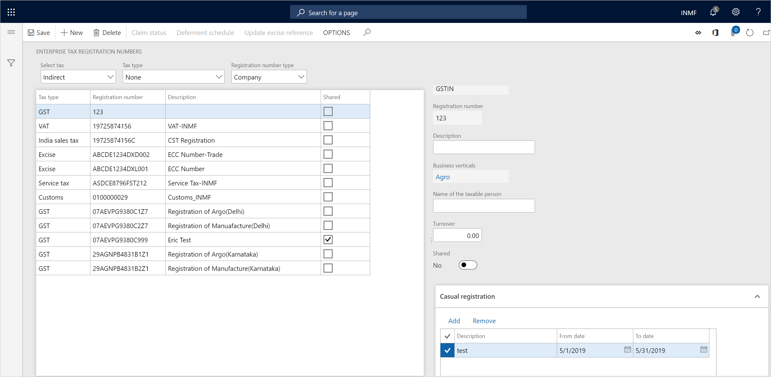 Screenshot of the company registration numbers page.