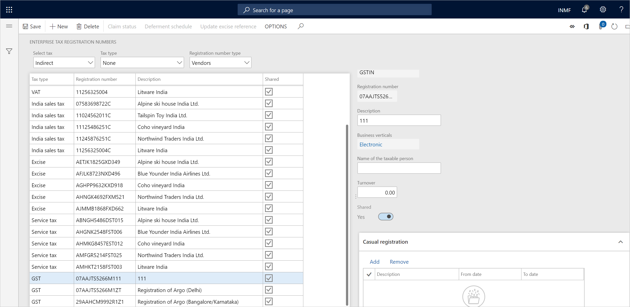 Screenshot of the vendor registration numbers page.