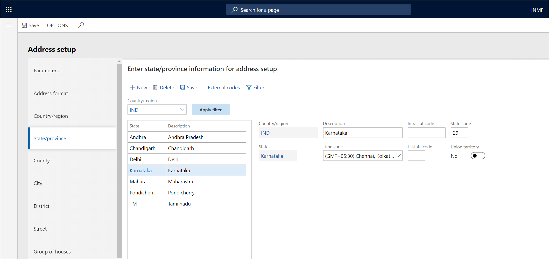 Screenshot of the Address setup page.