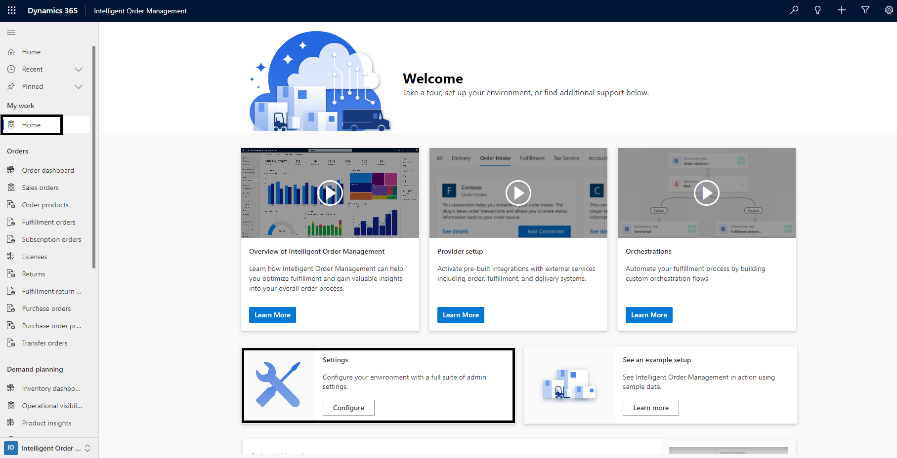 Screenshot of accessing the Admin home workspace from the Home page.