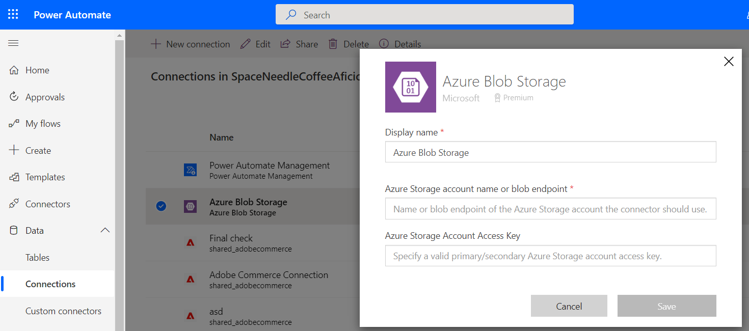 Screenshot of the Azure Blob Storage dialog box.