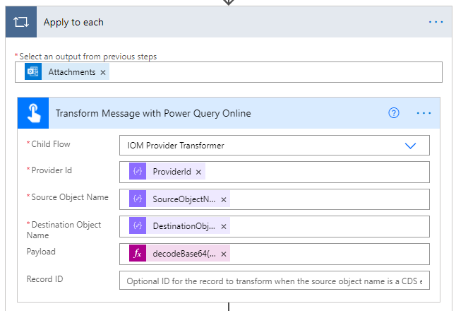 Screenshot of Transform message with Power Query Online action.