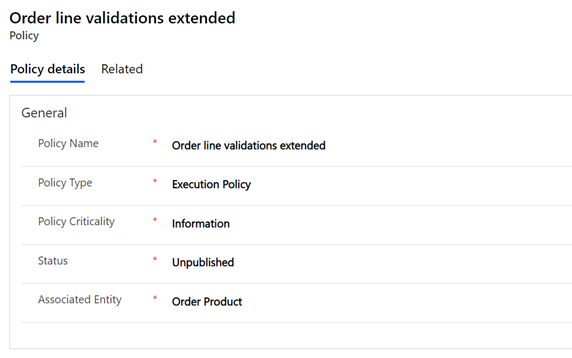 Screenshot of the Order line validations extended policy example.