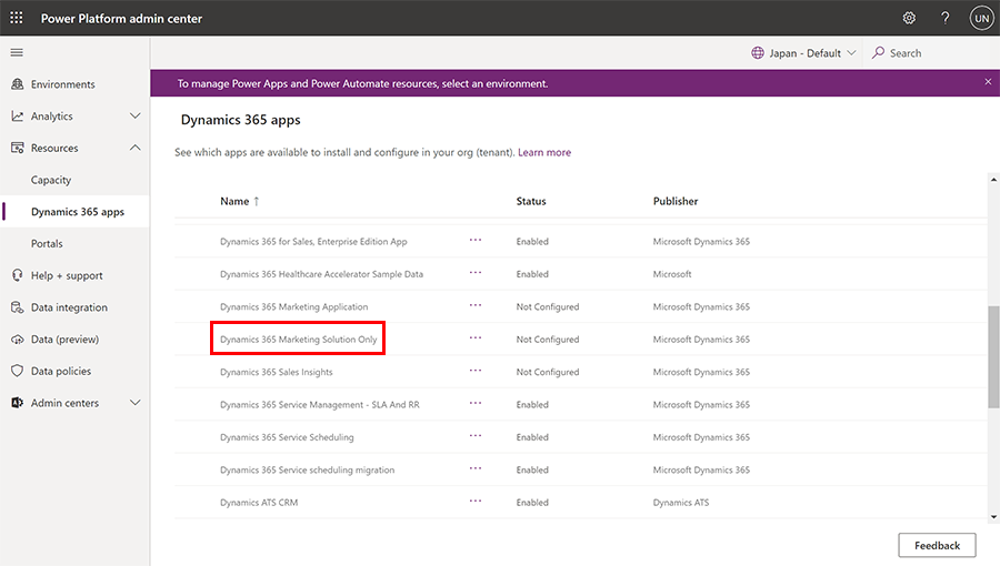 Screenshot of the Dynamics 365 Marketing Solution Only app in the Power Platform admin center.