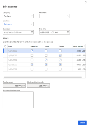 Screenshot of per diem expense where the meal reduction is based on number of meals per day.