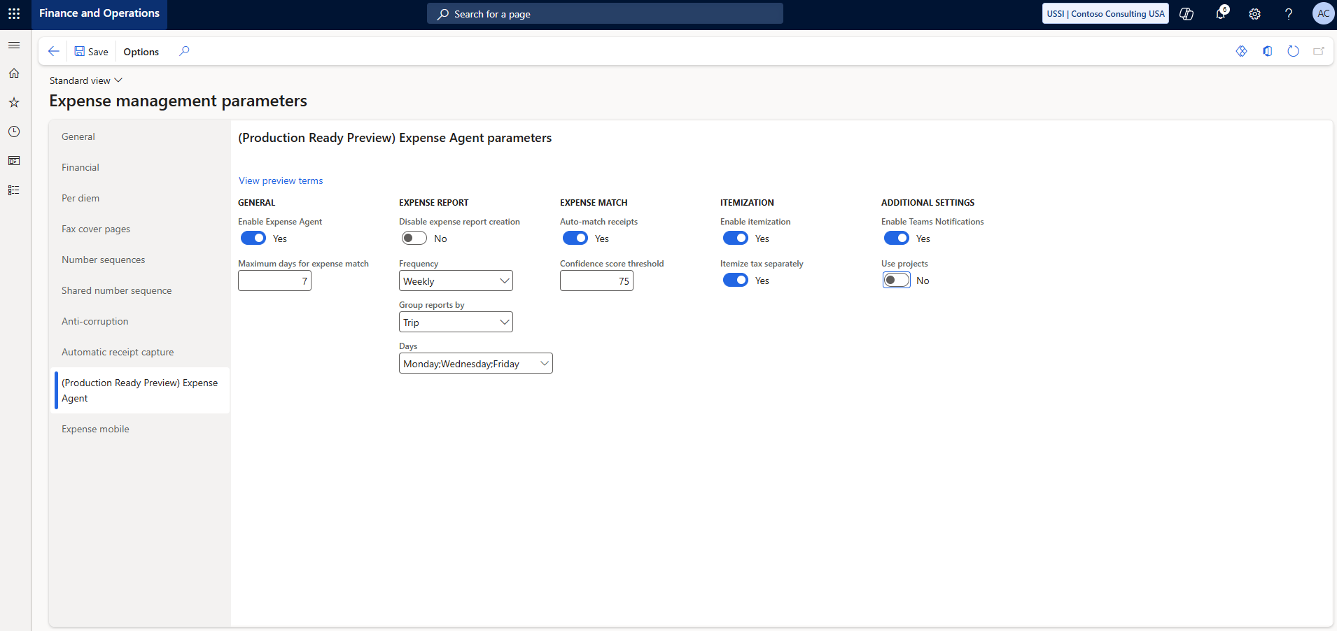 Screenshot of the Expense Agent configuration parameters in Expense Management.