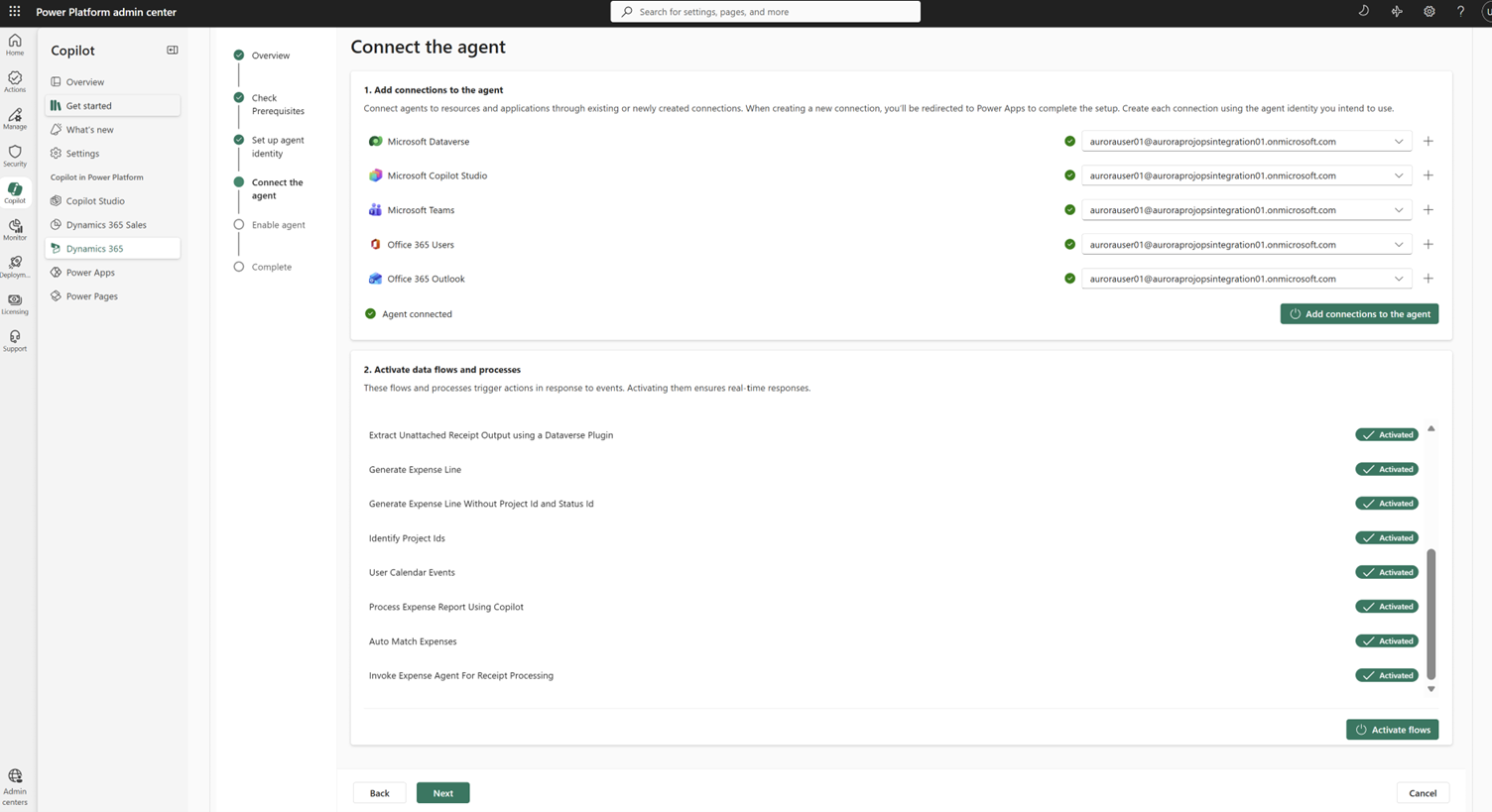 Screenshot of successfully activating flows to the agent.
