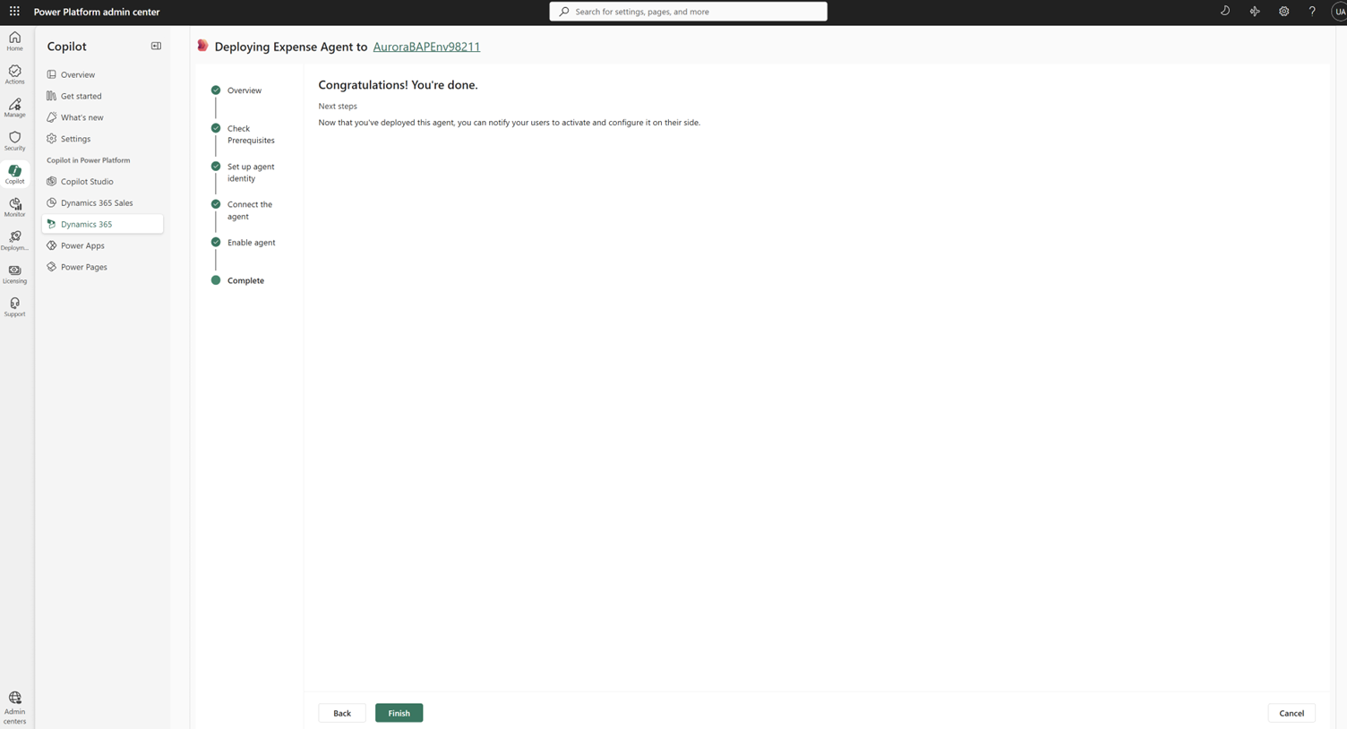 Screenshot of successful deployment of expense agent.