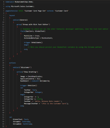 Small example of AL code with syntax highlighting in DevOps