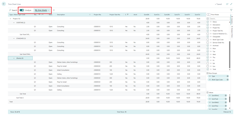 Shows Time Sheet Lines page with Analyze toggle turned on.