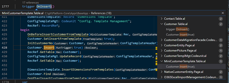 Example of CodeLens count and Find all References used on Customer table OnInsert trigger