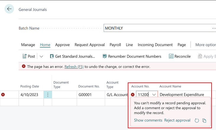 Shows inline validation error with actions.